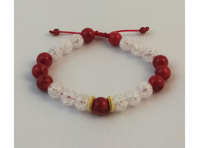 Bracelet ajustable jade rouge / cristal de roche craquelé / doré