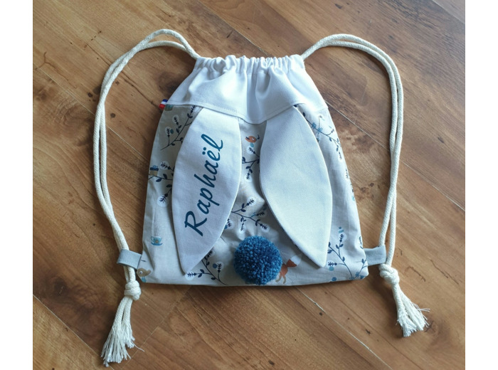 Sac à dos Pochon pour enfant, modèle blanc et indigo, petites souris