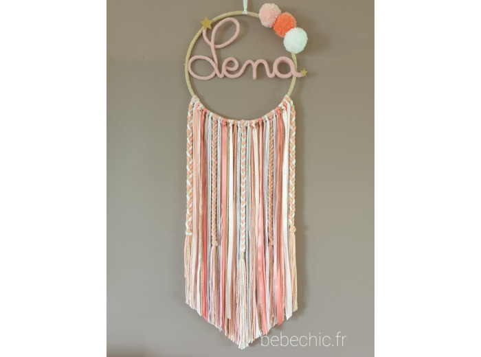 Attrape rêves personnalisé prénom, corail, rose, blanc et doré