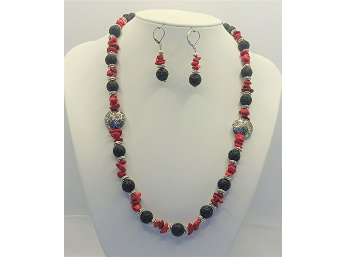 Parure en pierre de lave et corail rouge argenté