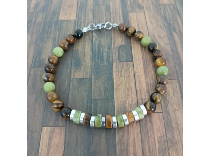 Bracelet homme œil de tigre/serpentine/acier inox