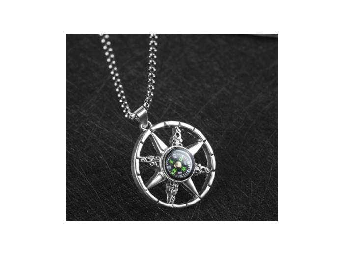 Collier avec pendentif rond boussole pour hommes