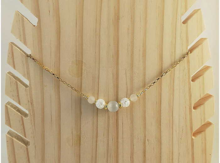 Collier œil de chat/cristal de roche/agate blanche/doré