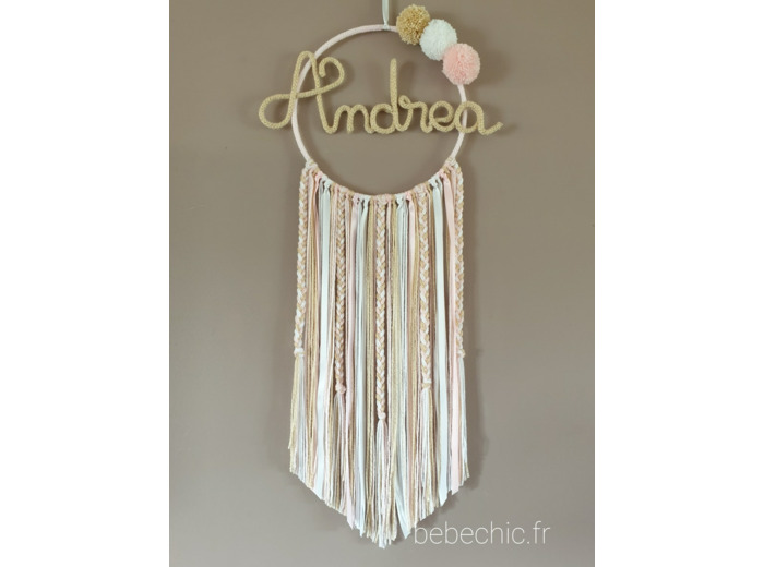 Attrape rêves prénom personnalisable, Or, blanc et rose pâle