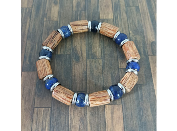Bracelet homme bois et lapis lazuli argenté 10mm
