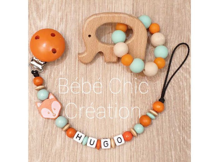 Attache sucette prénom personnalise Renard, orange, menthe et bois