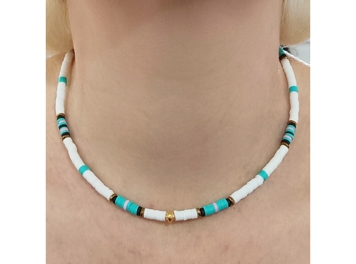 Tour de cou heishi turquoise/blanc doré
