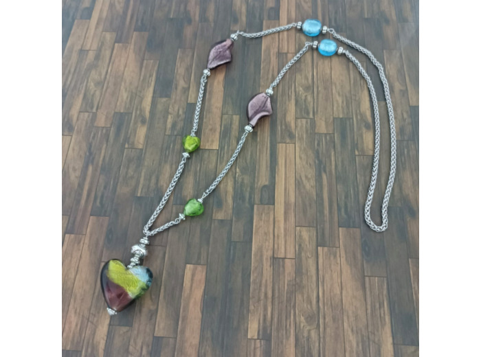 Collier cœur et perles Murano, chaîne en acier inox