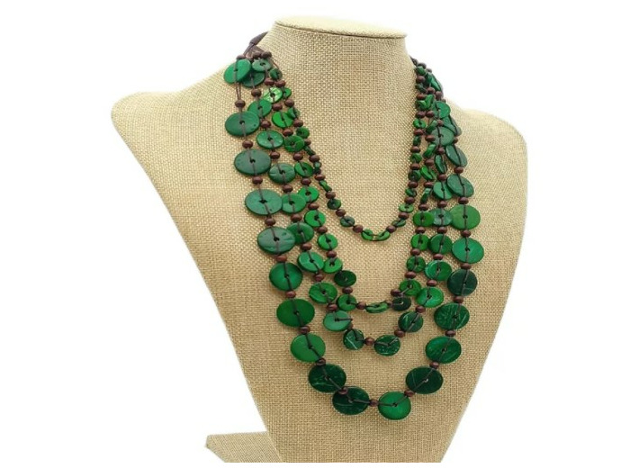 Collier 4 rangs bois marron/vert