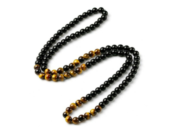 Collier en perles d'œil de tigre et obsidienne