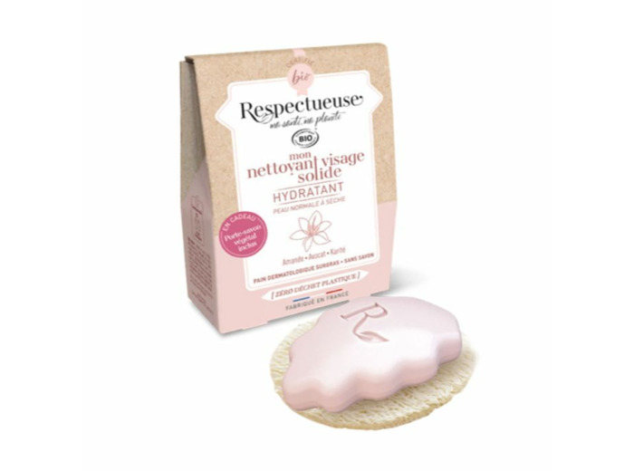 Mon nettoyant visage solide Hydratant Bio + porte savon végétal offert 35g Respectueuse