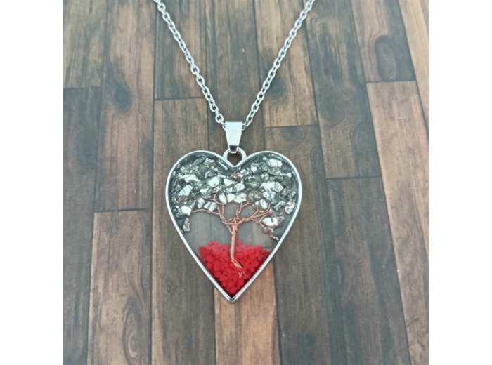 Pendentif arbre de vie résine/pierres naturelles cœur 6