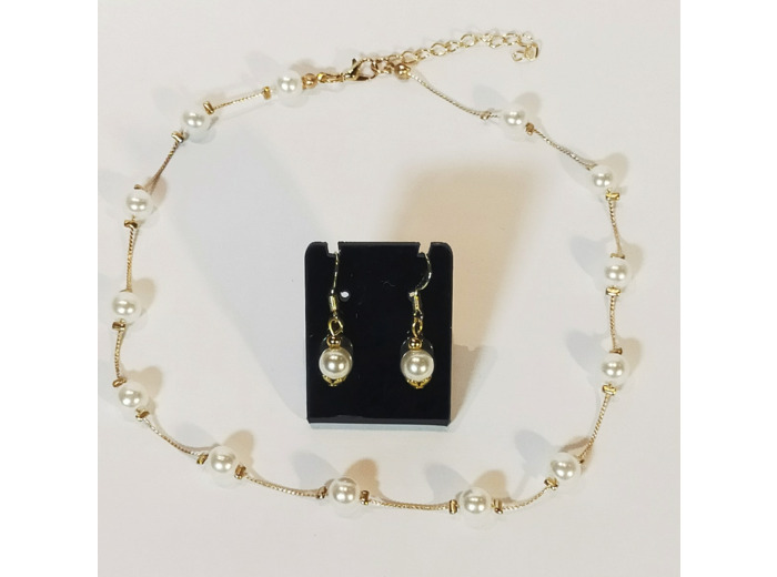 Parure 2 pcs doré/perles blanches