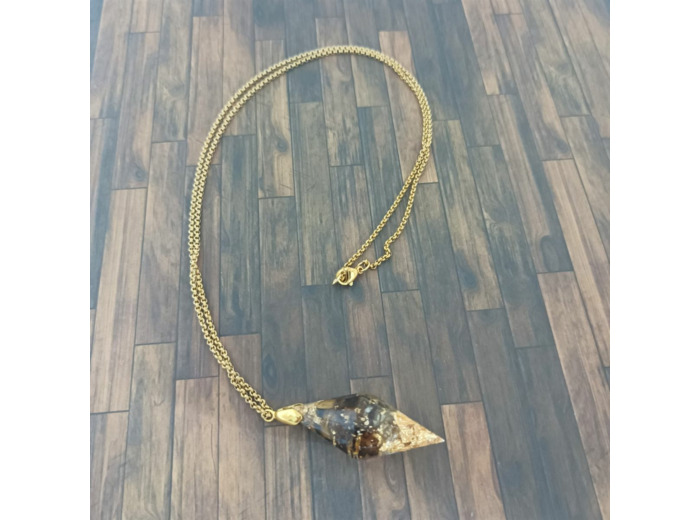 Pendentif orgonite pendule citrine/œil de tigre/feuilles d'or