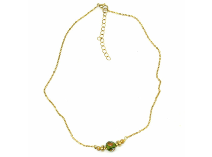 Collier ras de cou chaîne acier perle Murano olive Salvia