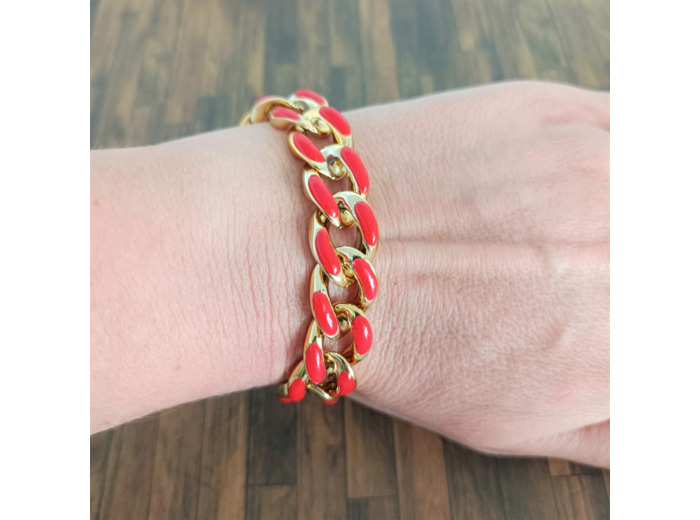 Bracelet gros maillons doré/rouge émaillé