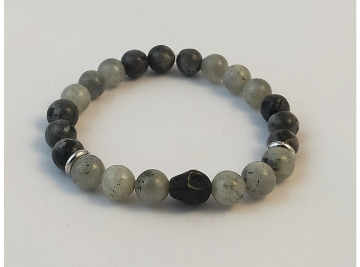 Bracelet en labradorite, tête de mort en howlite noire