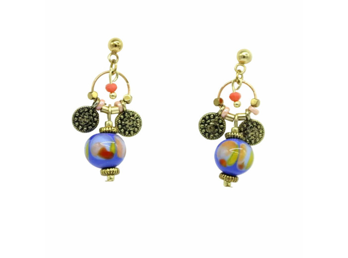 Boucles d'oreilles pendantes Murano bleue & breloques Sillage