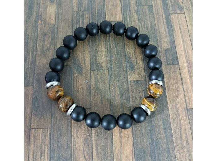 Bracelet agate noire/œil de tigre argenté 10mm