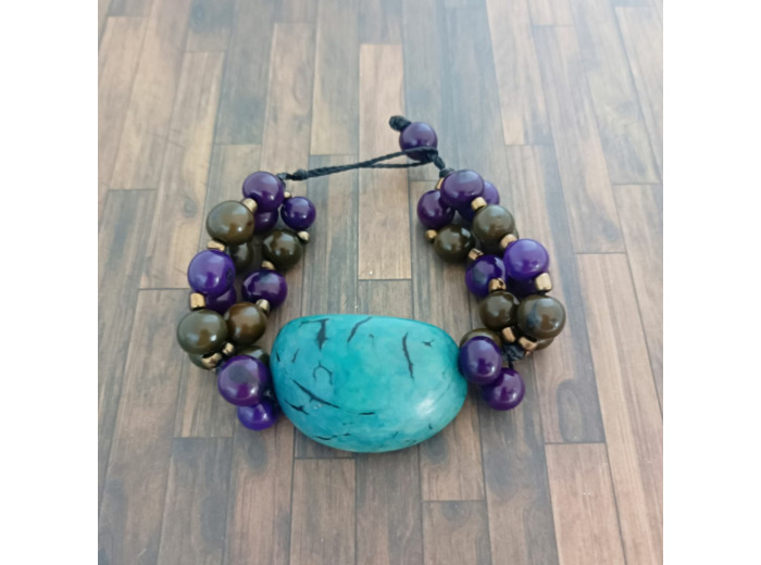 Bracelet Magda turquoise-noir-beige en ivoire végétal