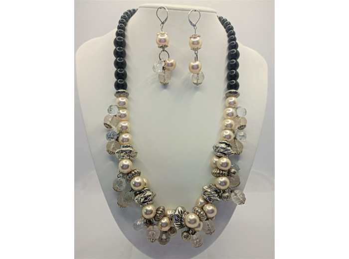 Parure grosses perles blanc nacré/noir/argenté