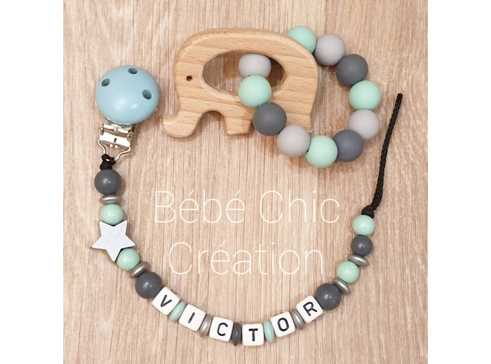Attache sucette prénom personnalise, Menthe, anthracite et argent