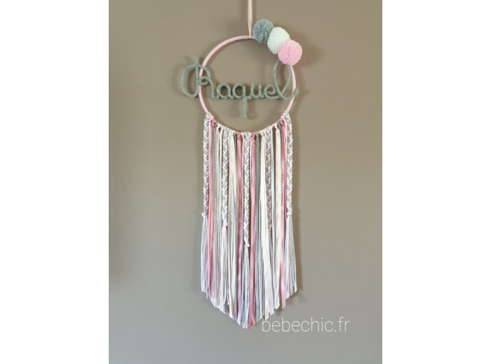 Attrape rêves prénom personnalisable, rose, argent et blanc
