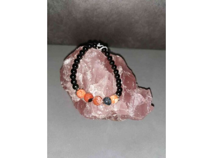 Bracelet perles 6mm Agate noire et Calcite orange