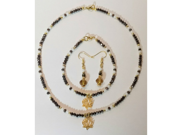 Parure 3 pcs doré/marron jais/blanc