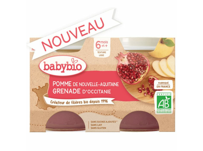 Petits pots Pomme de Nouvelle-Aquitaine et Grenade d'Occitanie 2x130 g Dès 6 mois Babybio
