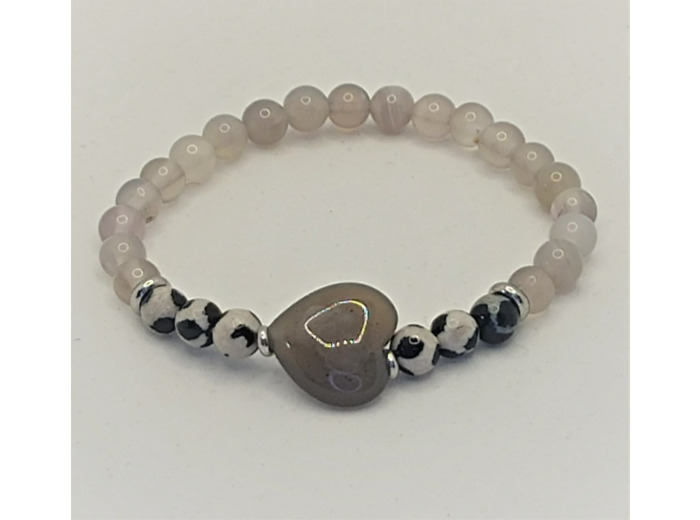 Bracelet agate gris/agate sacrée du Tibet cœur