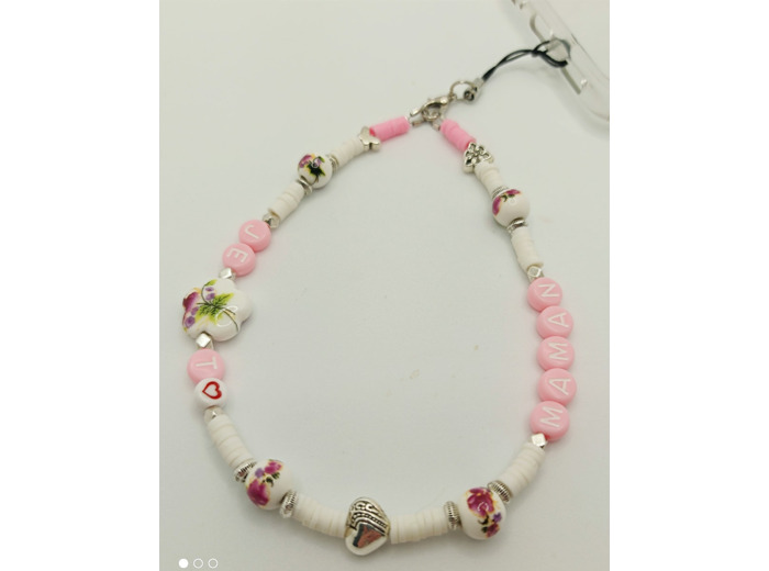 Bijou de portable blanc/rose/argenté "JE T'AIME MAMAN"