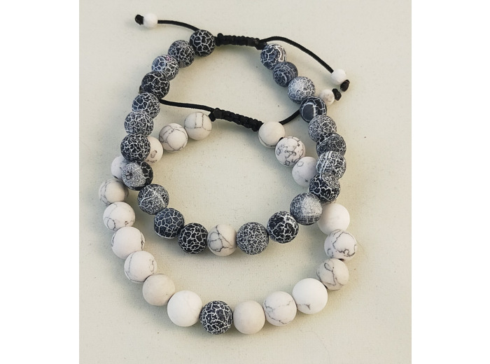 Bracelet couple agate noire givrée/howlite