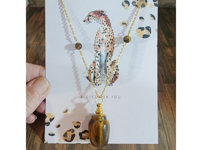 Collier bouteille de parfum œil de tigre/doré