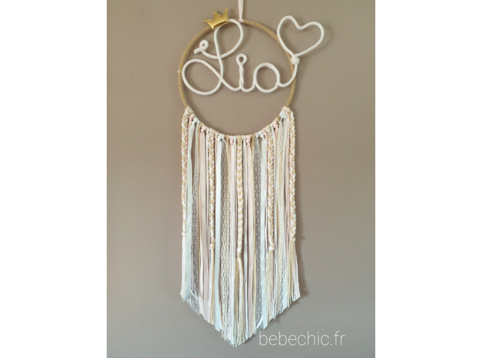 Attrape rêves prénom personnalisable, or, rose et blanc