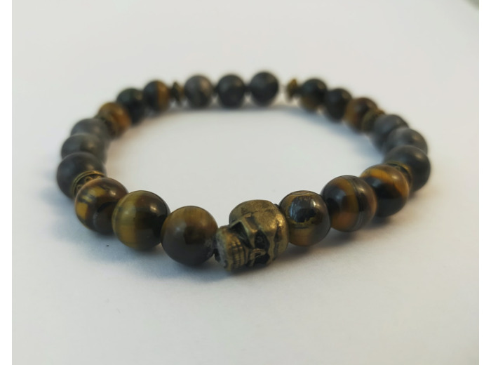Bracelet œil de tigre / labradorite / tête de mort bronze