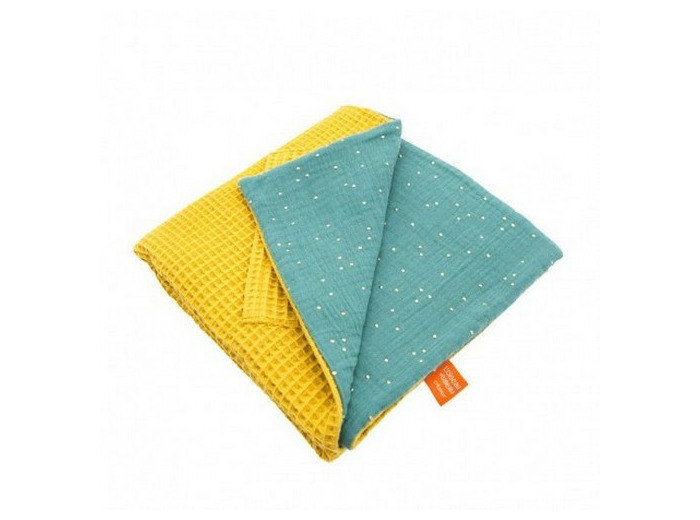 Couverture Nid d'abeille Moutarde, bleu canard