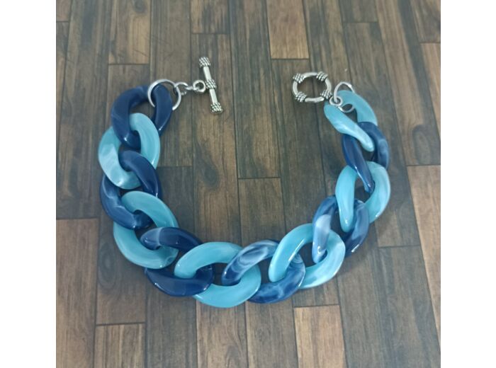 Bracelet gros maillons bleu/bleu ciel argenté 22mm