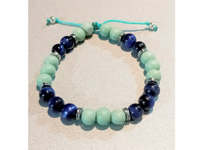 Perles en bois turquoise + œil de tigre bleu + métal argenté, ajustable