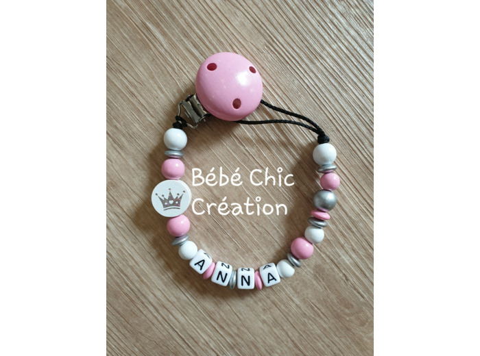 Attache sucette prénom personnalise rose, argent et blanc