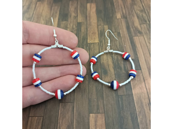 Créoles bleu blanc rouge et perles miyuki blanches