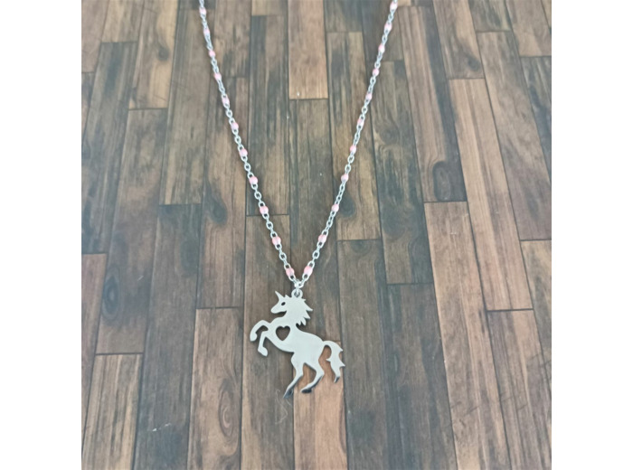 Collier licorne rose et acier inoxydable