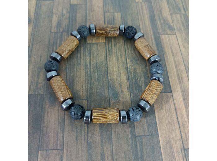 Bracelet bois/pierre de lave/hématite 8mm