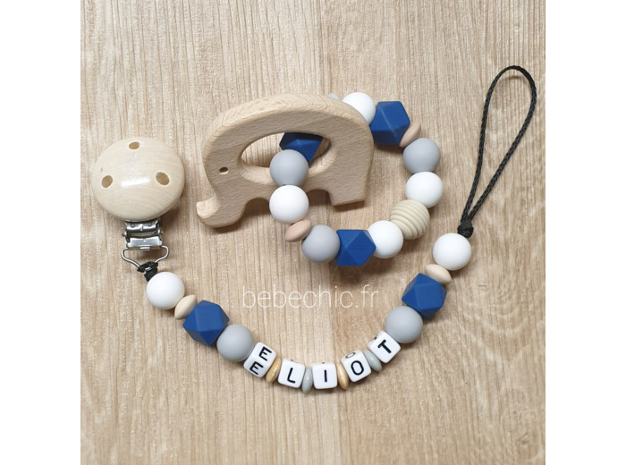 Attache sucette prénom personnalise , bleu, gris,  lin et blanc