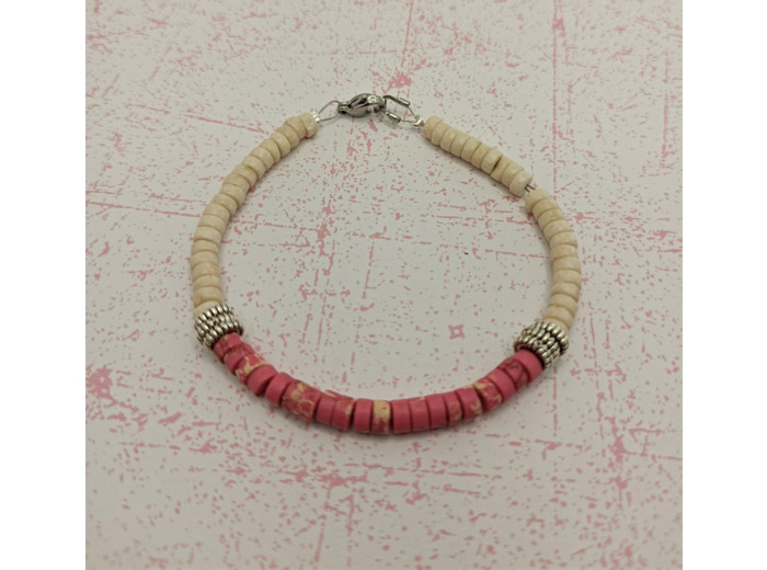 Bracelet en perles naturelles heishi rose/banc argenté
