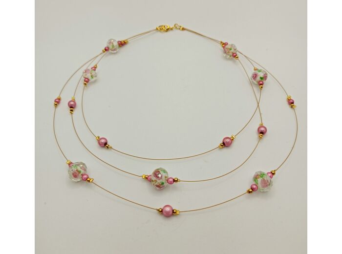 Collier triple en perles Murano et perles rose 3D