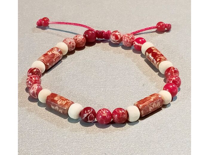 Perles en bois rouge à motifs/blanc + sédiment de la mer rouge, ajustable