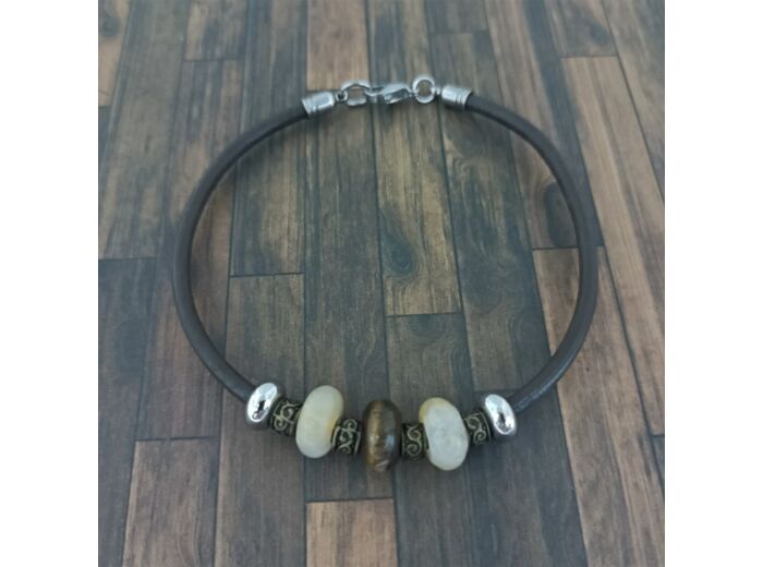 Bracelet cuir et perles naturelles tons marron/beige