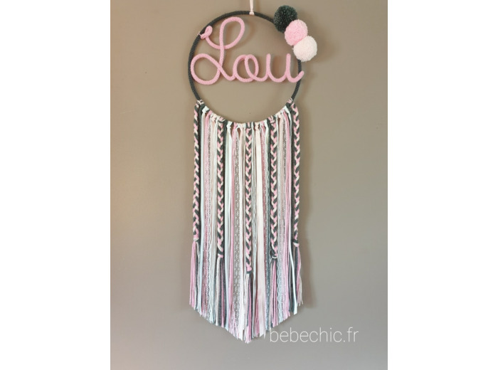Attrape rêves prénom personnalisable, anthracite,  rose et rose pâle