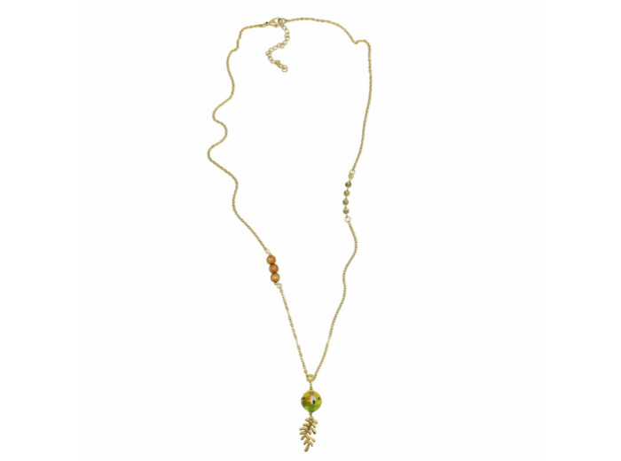 Collier long chaîne acier pendentif feuille perle Murano Salvia